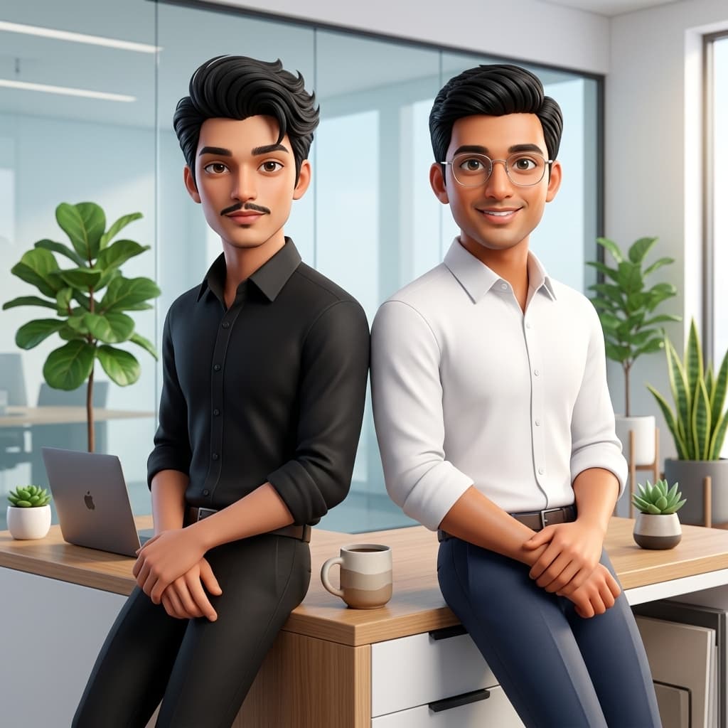 Webilume Founders - 3D cartoon style illustration of Shreenath Jagtap and Farhan Pathan wearing Webilume t-shirts